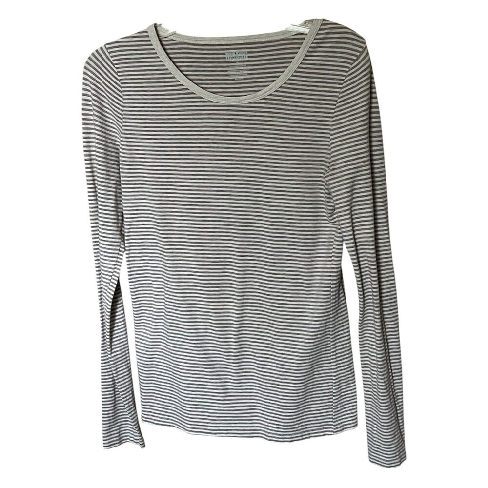 Duluth Trading Beige Striped No-Yank Long Sleeve Scoop Neck T-Shirt Size Small